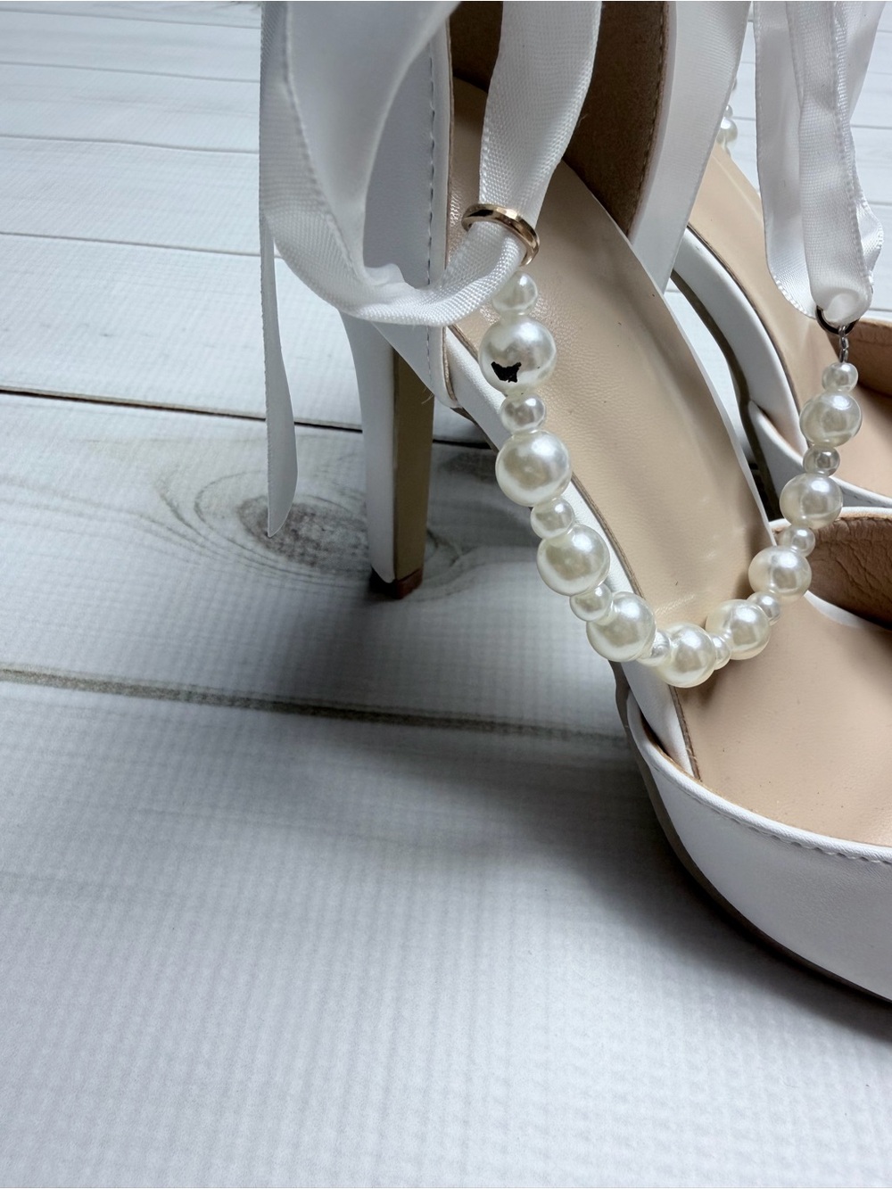 Pointed Toe Bridal Heels with Pearl Ankle Strap & Ribbon Ties - Picture 8 of 8